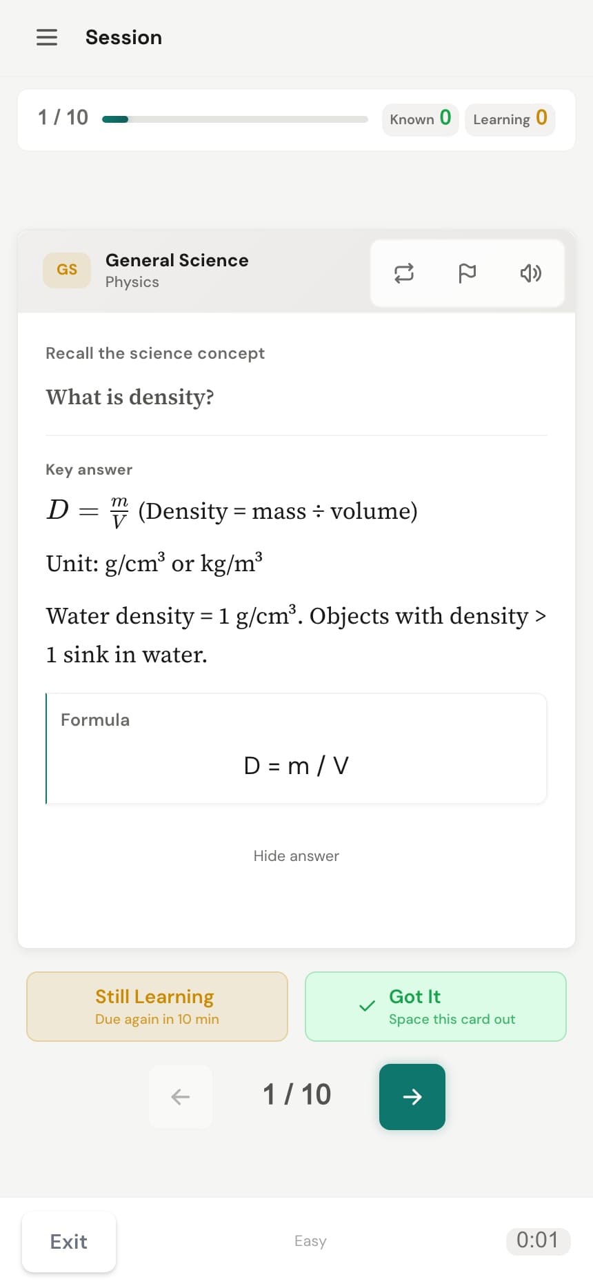 EnlistiQ mobile flashcard explaining density, with its answer revealed and review controls